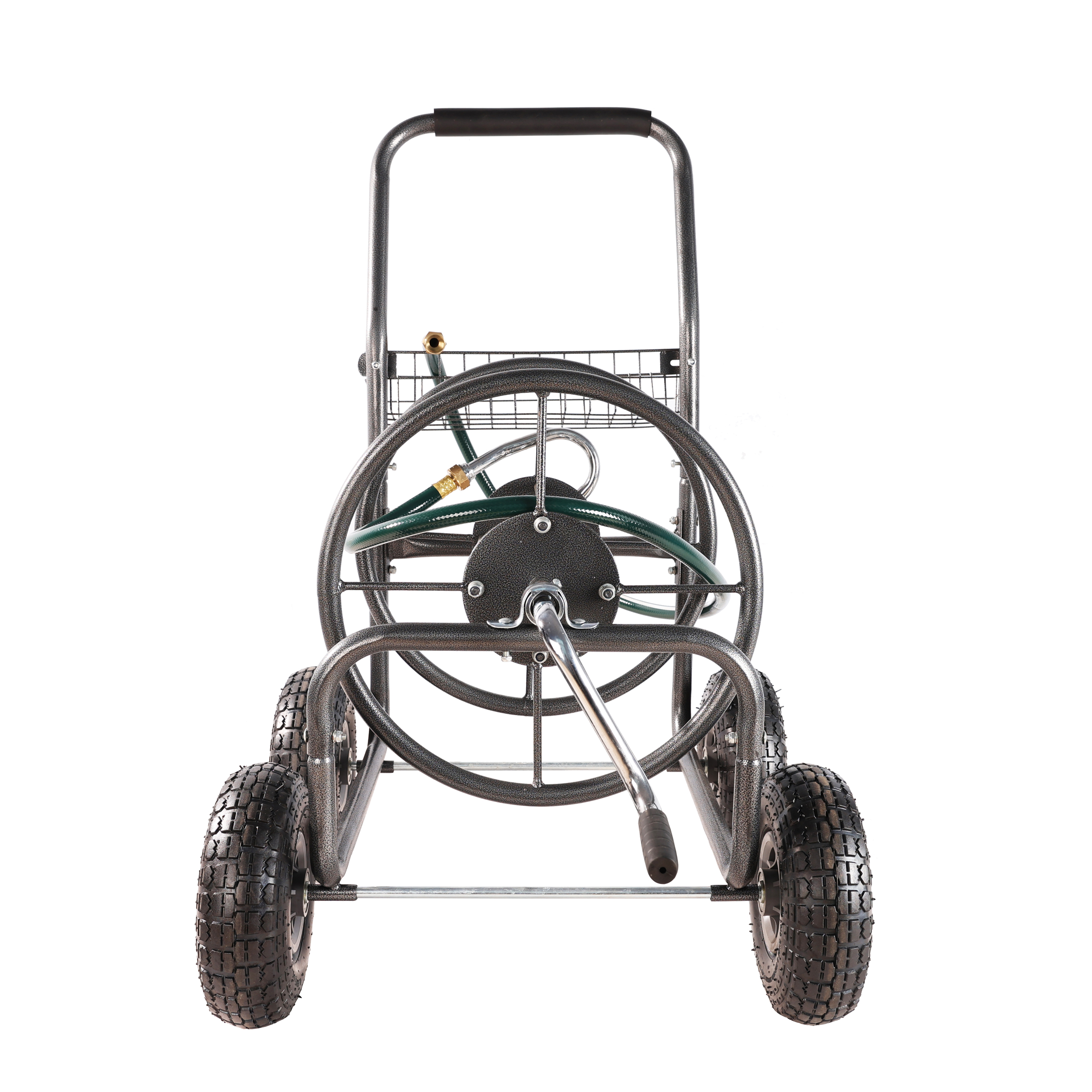 Garden Hose Reel Cart - 4 Wheels Portable Garden Hose Reel Cart with Storage Basket Rust Resistant Heavy Duty Water Hose Holder 