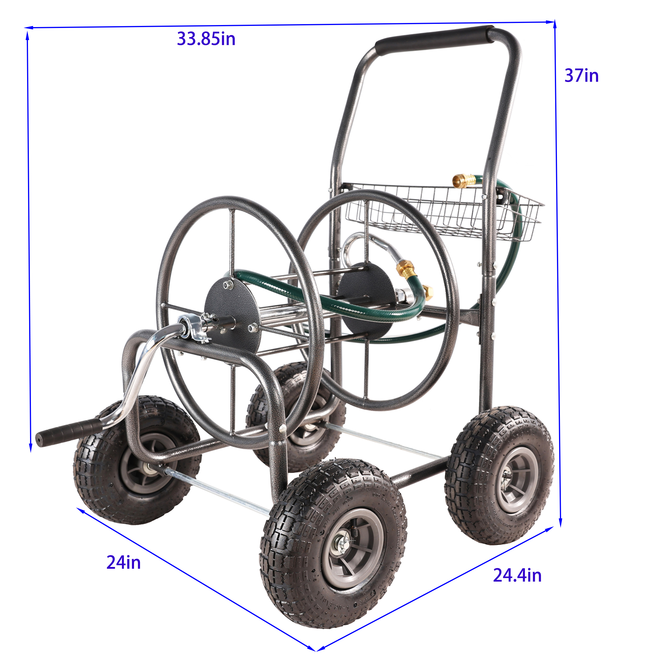 Garden Hose Reel Cart - 4 Wheels Portable Garden Hose Reel Cart with Storage Basket Rust Resistant Heavy Duty Water Hose Holder 