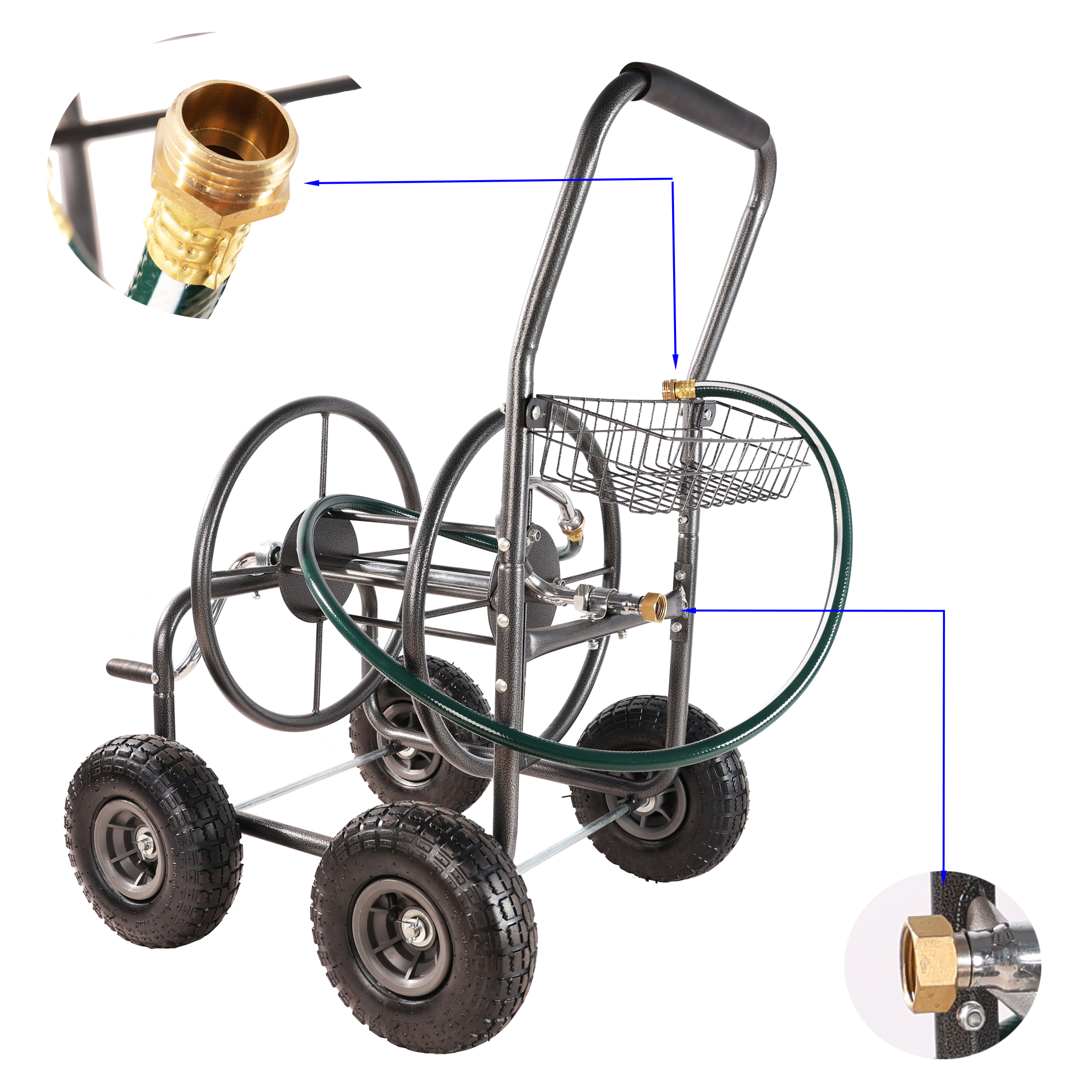 Garden Hose Reel Cart - 4 Wheels Portable Garden Hose Reel Cart with Storage Basket Rust Resistant Heavy Duty Water Hose Holder 