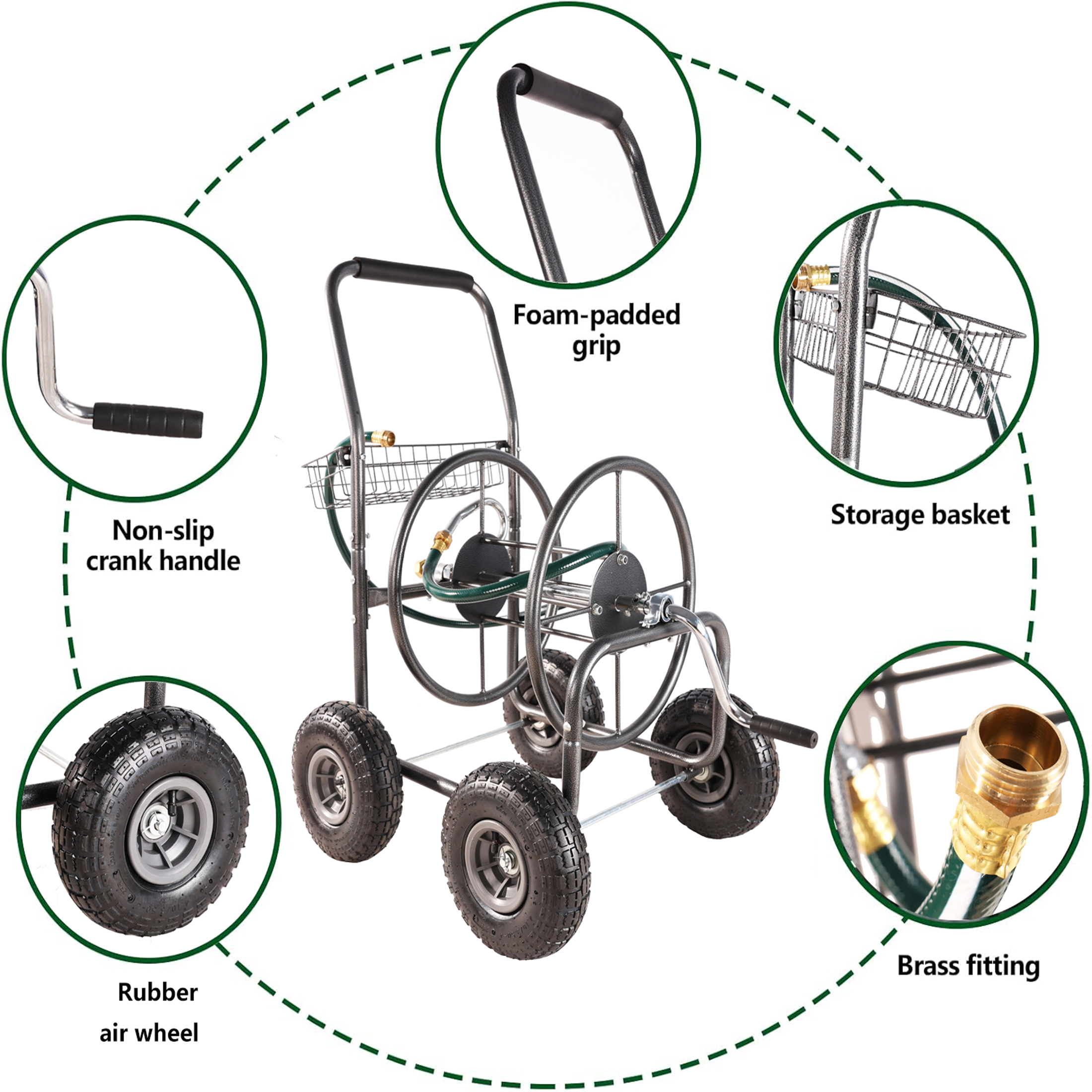 Garden Hose Reel Cart - 4 Wheels Portable Garden Hose Reel Cart with Storage Basket Rust Resistant Heavy Duty Water Hose Holder 