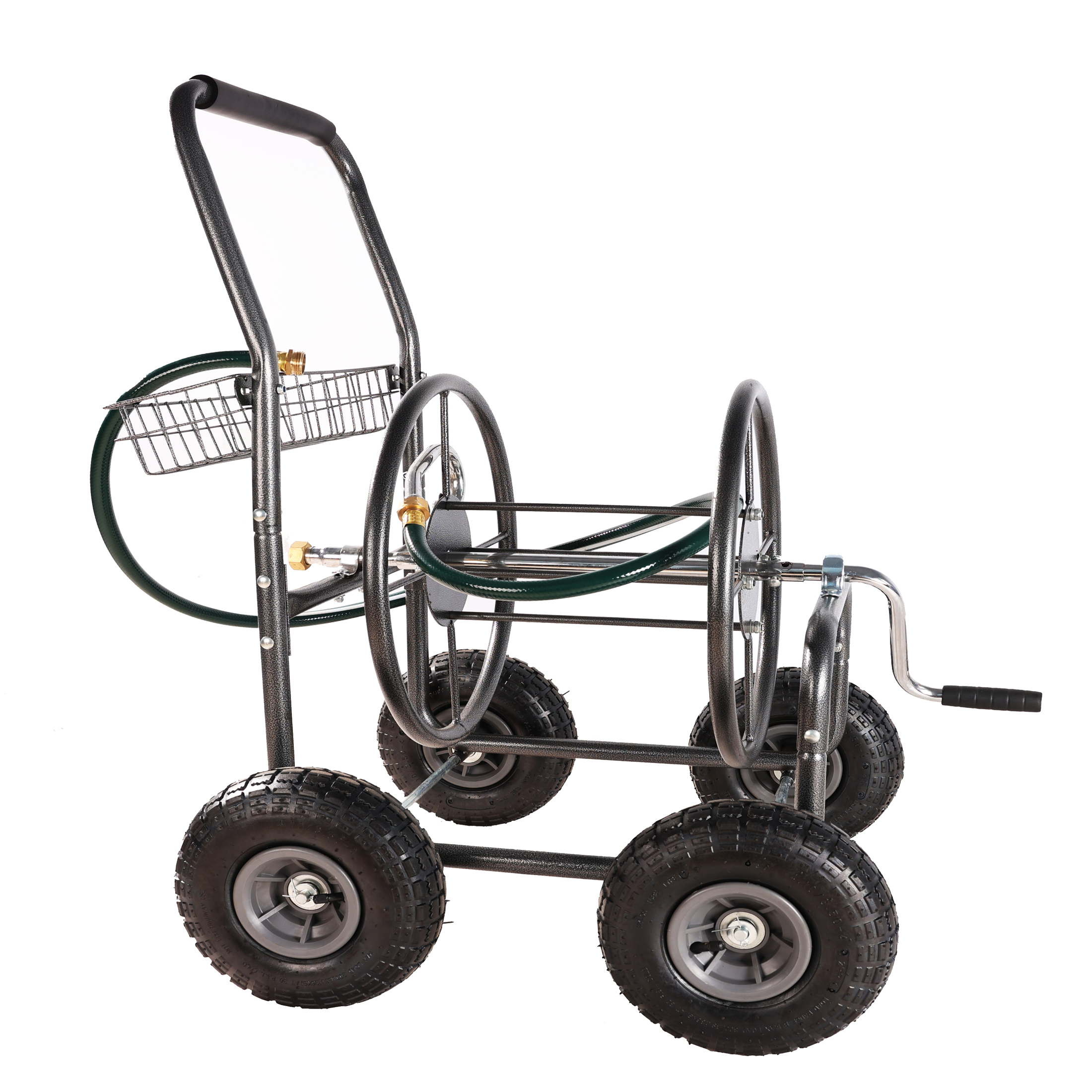 Garden Hose Reel Cart - 4 Wheels Portable Garden Hose Reel Cart with Storage Basket Rust Resistant Heavy Duty Water Hose Holder 